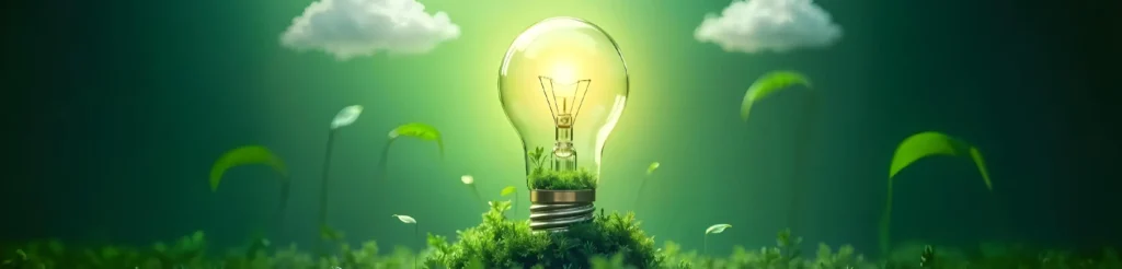 Lightbulb glowing on a bed of grass, symbolizing green energy and sustainability, with a green background and small clouds.