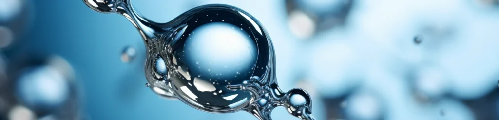 Primo piano di gocce trasparenti collegate tra loro su sfondo azzurro sfocato. Le gocce ricordano molecole o bolle d’acqua, sospese in un ambiente fluido e brillante.